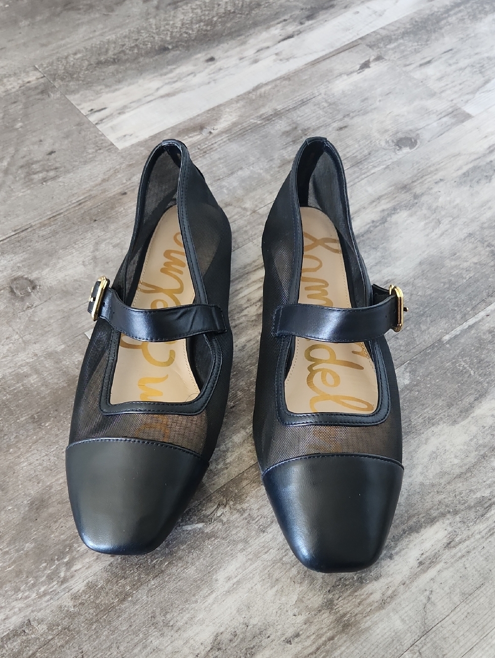 Sam Edelman Black Mesh & Leather Mary Jane Flats with Gold Buckle